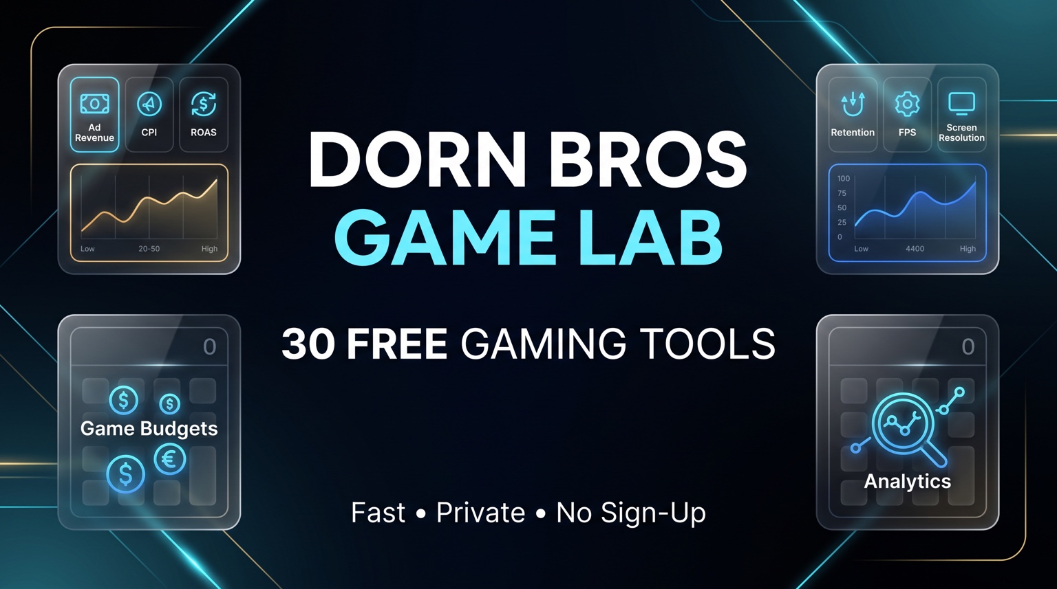 Dorn Bros Game Lab — 30 free gaming tools for ad revenue, CPI, ROAS, retention, FPS, screen resolution, game budgets, and analytics